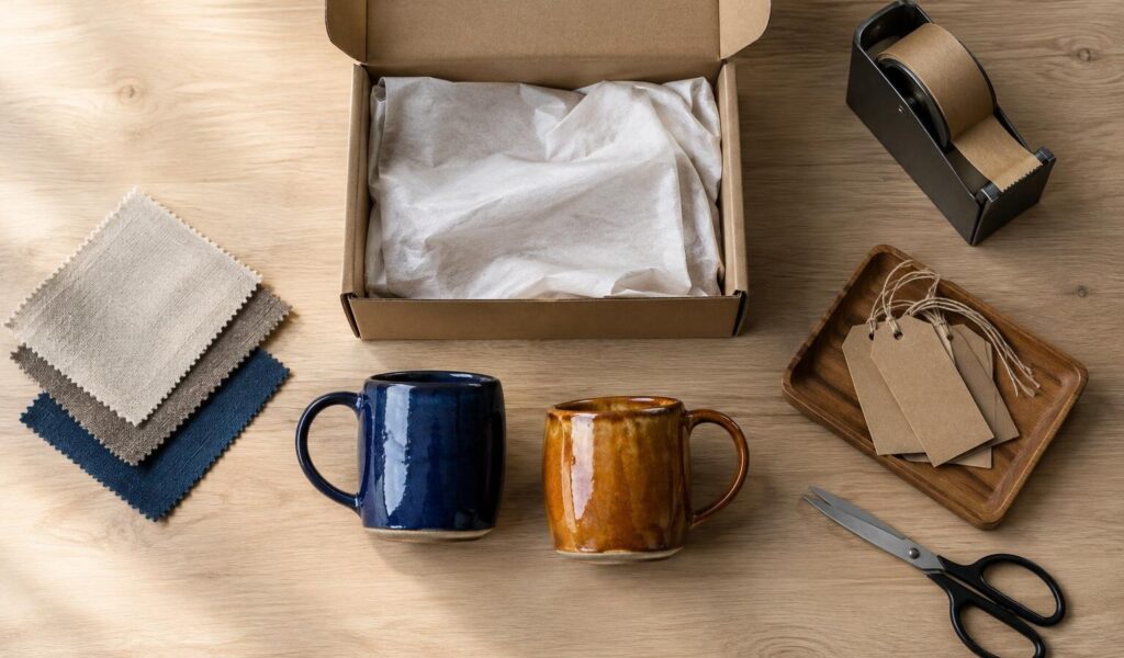 Vista dall’alto di un banco di imballaggio e-commerce con scatola in cartone, carta velina, tazze in ceramica blu e ambra e cartellini prodotto
