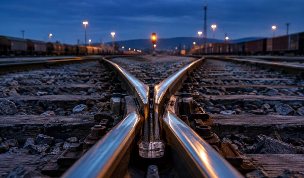 Scambio ferroviario ripreso a livello del suolo tra i binari che si dividono in due direzioni, all’ora blu con un segnale ambra sullo sfondo