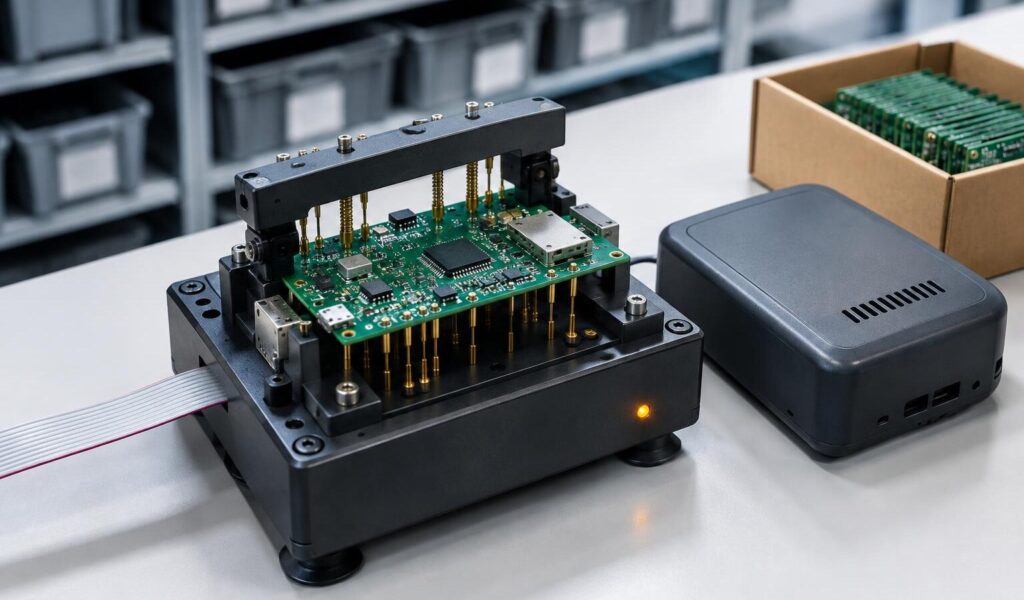 Scheda elettronica verde di un gateway IoT fissata in un banco di collaudo a punte, accanto al suo involucro antracite, in un laboratorio di controllo qualità