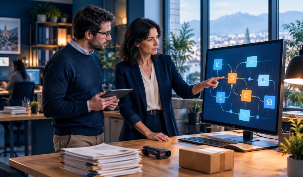 Responsabile operativa in un ufficio di una PMI analizza su un monitor un flusso di lavoro automatizzato insieme a un collega con tablet