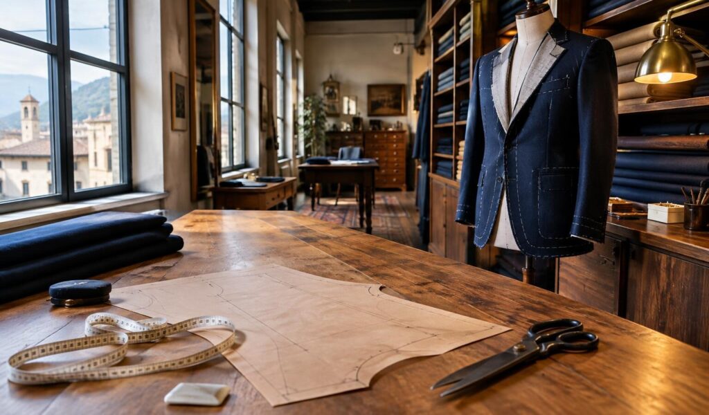 Atelier sartoriale vuoto in grandangolo con tavolo da taglio, cartamodello, metro da sarta e manichino con giacca blu in lavorazione