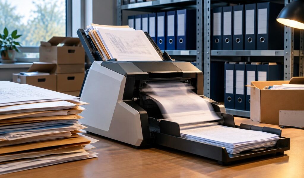Scanner documentale ad alta velocità in un archivio aziendale mentre acquisisce una pila di documenti, con faldoni blu sugli scaffali