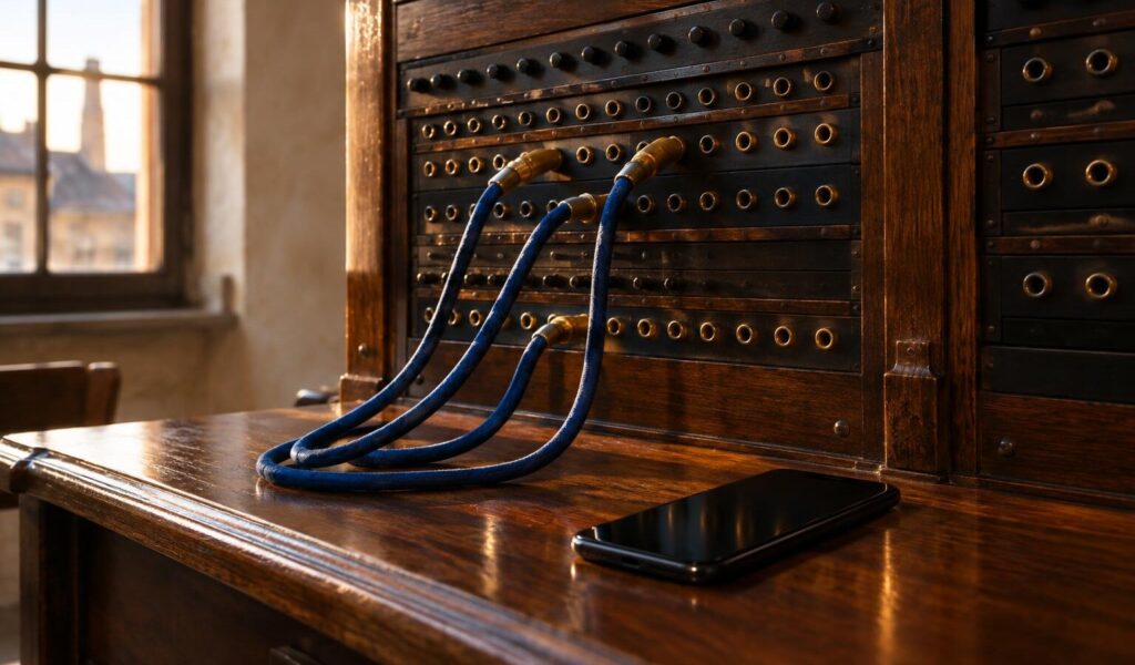 Centralino telefonico d'epoca con cavi blu e spinotti in ottone collegati, accanto a uno smartphone spento su un ripiano in legno
