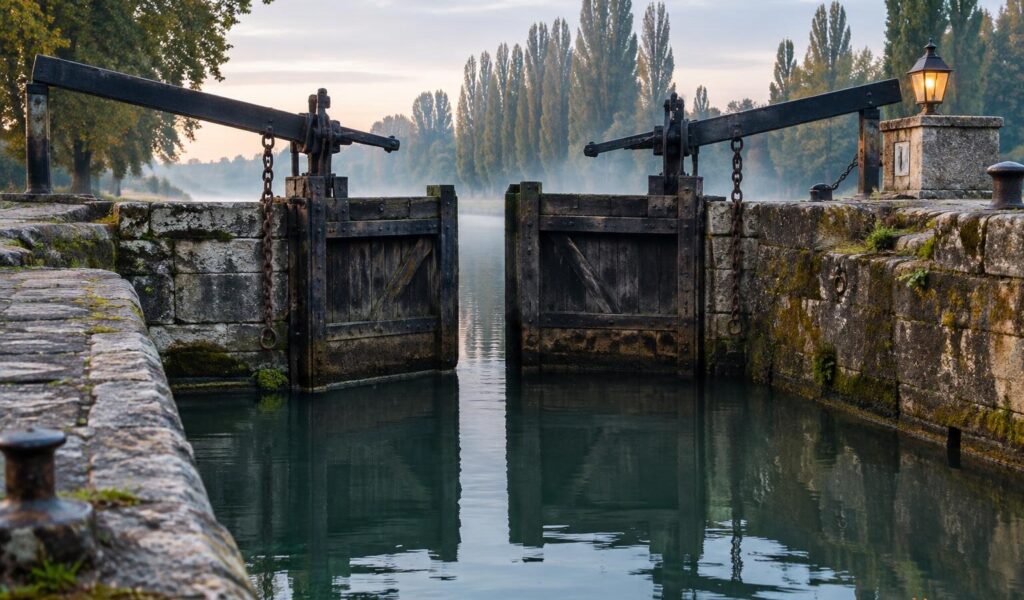 Chiusa storica su un canale lombardo all'alba, con portoni in rovere parzialmente aperti e acqua calma