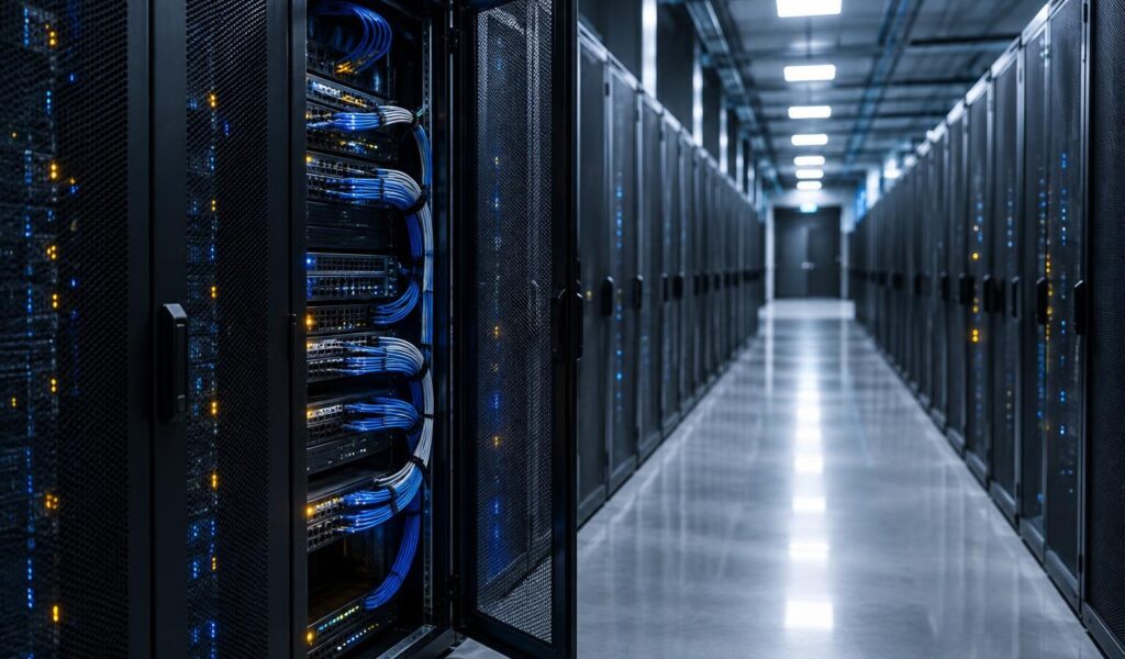 Corridoio di un data center con rack di server neri, un rack aperto con cavi in fibra ottica blu e LED di stato accesi